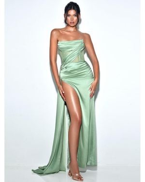 Miss Circle Holly Basil Crystallized Corset High Slit Satin Gown - Green