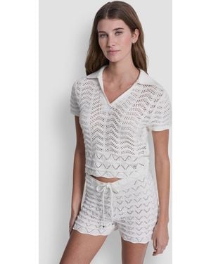 DKNY Short-sleeve V-neck Polo Cropped Sweater - White