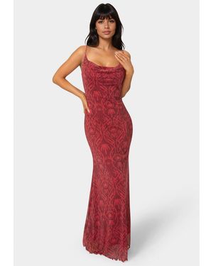 Bebe Printed Mesh Cowl Gown - Red