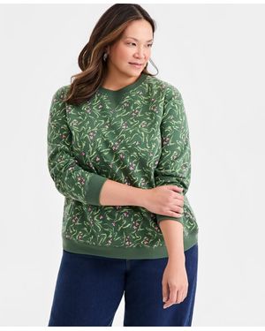 Style & Co. Plus Size Printed Fleece Crewneck Sweatshirt - Green
