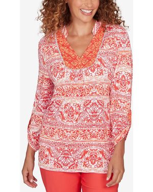 Ruby Rd. Petite Woodblock Twin Printed Knit Top - Red