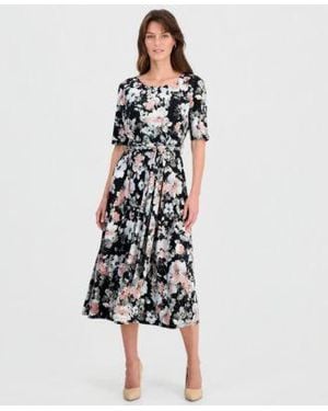 Kasper Floral Elbow Sleeve Fit Flare Dress - White