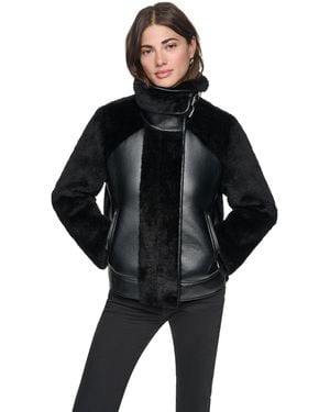 Andrew Marc Kemsley Mixed Media Faux Shearling Moto Jacket - Black