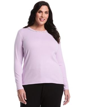 Rafaella Plus Size Plus Size Embellished Neck Long Sleeve Top - Purple