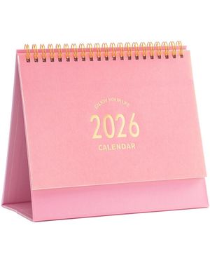 Gnuadz Desk Calendar 2026 Standing Flip Desktop Metal Ring Twin-wire Binding Monthly Home Office - Pink