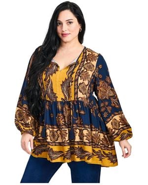 Avenue Plus Size Cara Blouson Peasant Blouse - Blue
