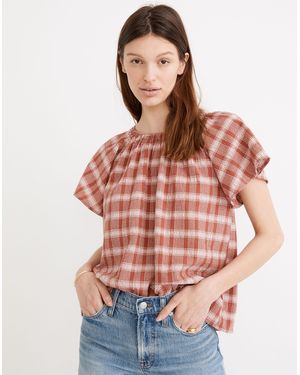 MW Plaid Gauze Flutter-Sleeve Top - Red