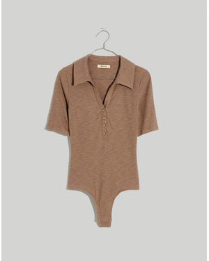 MW Ribbed Short-Sleeve Polo Thong Bodysuit - Natural