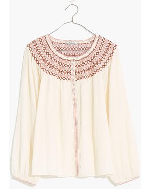 MW Embroidered Crinkle-Cotton Button Top - Natural