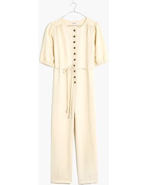 MW Linen-Blend Puff-Sleeve Tassel-Tie Jumpsuit - Natural