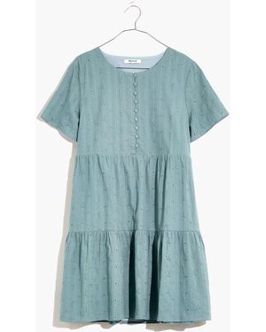 MW Plus Embroidered Eyelet Button-Front Tiered Mini Dress - Blue