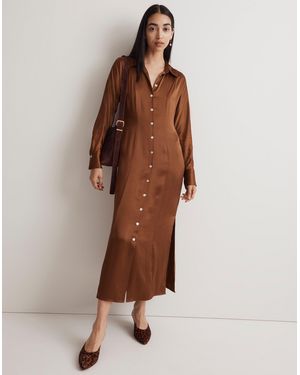 MW Satin Button-Front Midi Shirtdress - Brown
