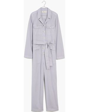 MW Petite Long-Sleeve Tie-Waist Fatigue Jumpsuit - White