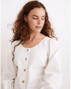 MW Corduroy Shirred-Sleeve Button-Front Top - White
