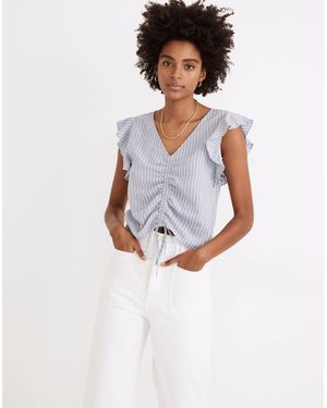 MW Linen-Blend Ruffle-Sleeve Drawstring Crop Top - White