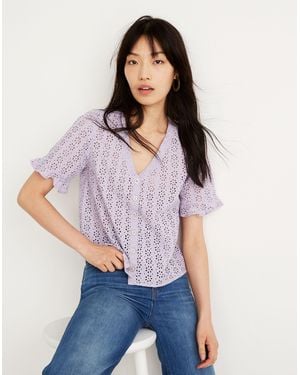 MW Eyelet Village Ruffle-Sleeve Shirt - Purple
