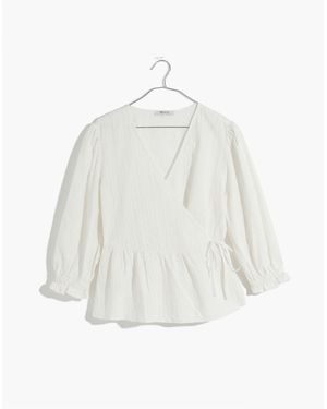 MW Embroidered Eyelet Puff-Sleeve Peplum Wrap Top - White