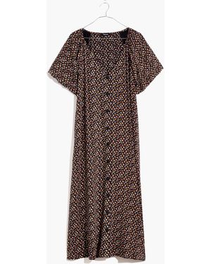 MW Bubble-Sleeve Button-Front Midi Dress - Brown