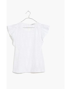 MW Eyelet Crewneck Flutter-Sleeve Top - White