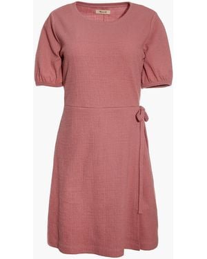 MW Crosshatch Puff-Sleeve Faux-Wrap Mini Dress - Red