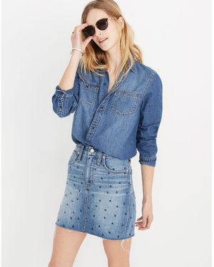 MW Stretch Denim Straight Mini Skirt: Heart Print Edition - Blue
