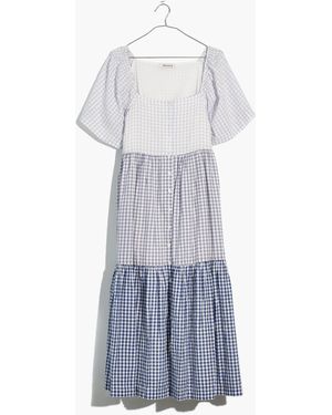MW Plus Patchwork Gingham Button-Front Tiered Midi Dress - White