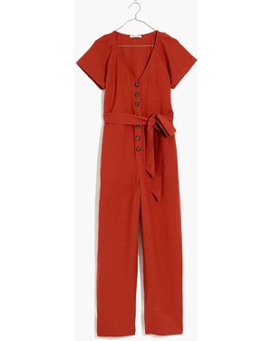 MW Linen-Cotton Pleat-Sleeve Jumpsuit - Red