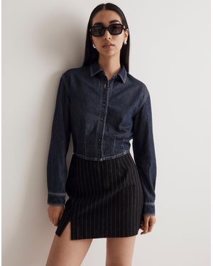 MW Denim Pleated Cropped Button-Up Shirt - Blue