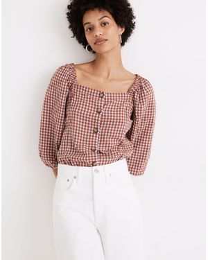 MW Gingham Seersucker Puff-Sleeve Button-Front Top - White