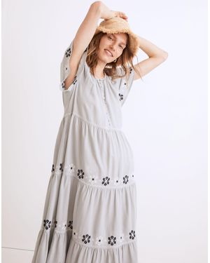 MW Embroidered Flutter-Sleeve Tiered Midi Dress - White
