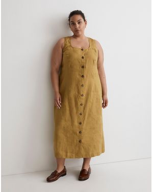 MW Plus 100% Linen Button-Front Midi Dress - Metallic