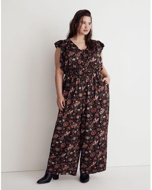 MW Plus Deep-V Ruffled Jumpsuit - Brown