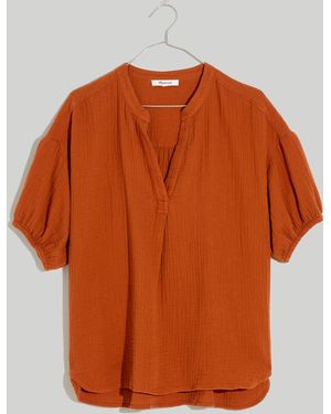 MW Plus Lightspun Bubble-Sleeve Popover Shirt - Brown