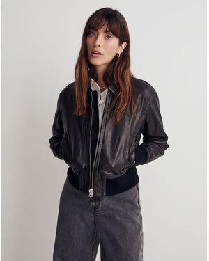 MW Washed Leather Crop Bomber Jacket - Blue