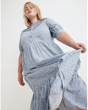 MW Plus Embroidered Puff-Sleeve Midi Dress - Blue