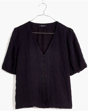 MW Textured Puff-Sleeve Button-Front Top - Black