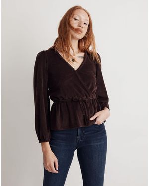 MW Corduroy Tie-Front Faux-Wrap Top - Blue