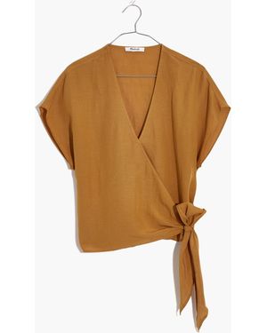 MW Linen-Blend Sash-Tie Wrap Top - Blue