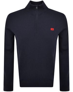 HUGO Quarter Zip Cotton Knit Jumper - Blue