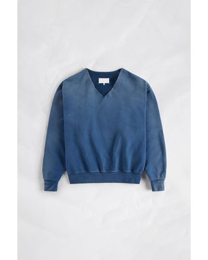 Maison Margiela Washed V-Neck Cotton Sweatshirt - Blue