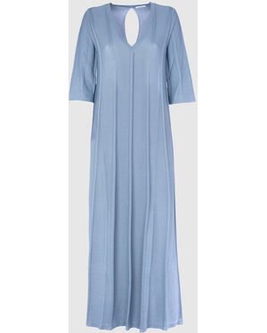 Malo Cotton Blend V Neck Dress - Blue