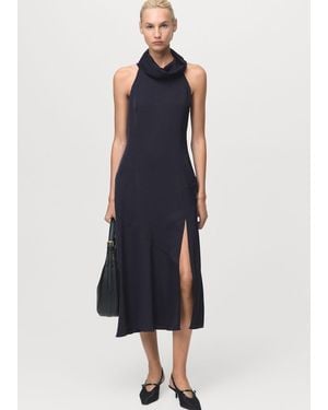 Mango Vestito Collo Drappeggiato Spacco - Blu
