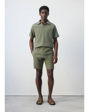 Mango Textured Cotton Bermuda Shorts With Drawstring - Green