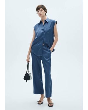 Mango Satin Shirt With Bow - Blue