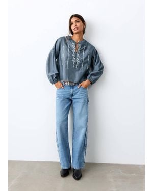 MANGO TEEN Embroidered Blouse With Bow - Blue