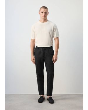 Mango Slim Fit Cropped Linen-Cotton Trousers - Black