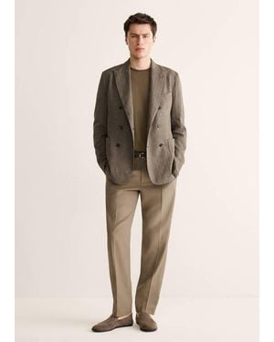 Mango Slim Fit Double-Breasted Linen Blend Jacket - Natural