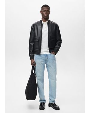 Mango Faux-Leather Bomber Jacket - Blue