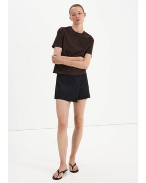 Mango Maglietta Cotone Ricami Floreali Marrone - Nero