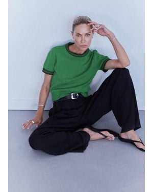 Mango Ribbed Knit Sweater With Contrast Trims - Green